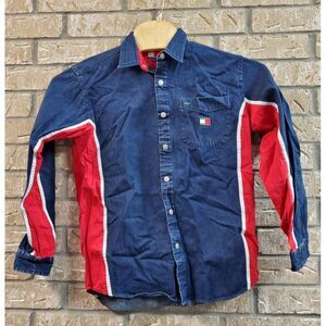 Tommy Hilfiger Vintage Denim Button Shirt Womens Large L Dark Blue Red Western‎